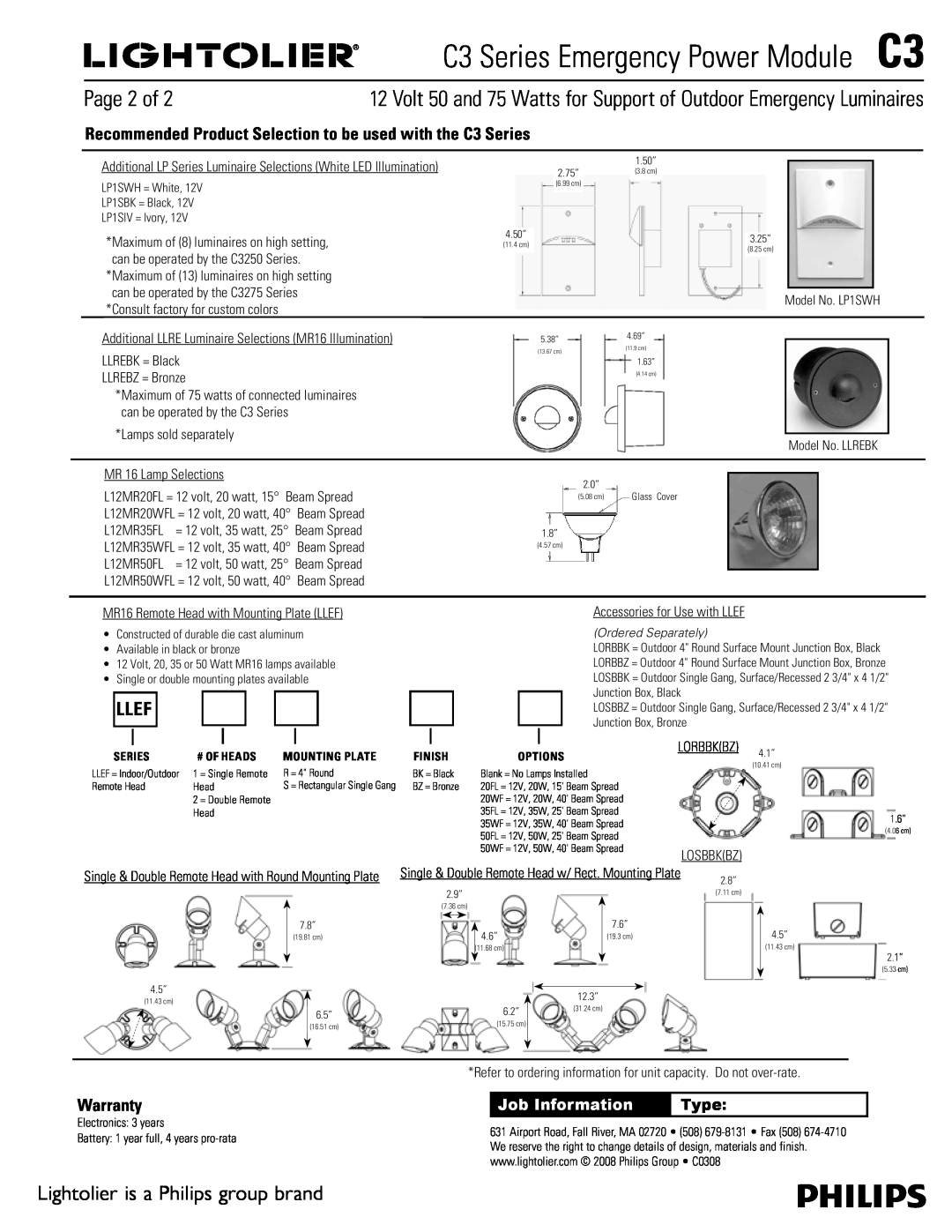 Lightolier C3 Series Page 2 of, Llef, Warranty, C3 Series Emergency Power ModuleC3, Lightolier is a Philips group brand 